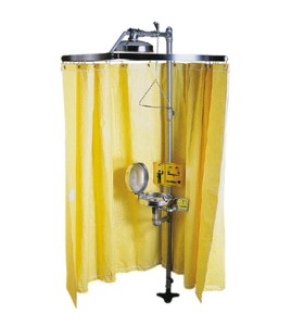 Highly-visible yellow curtain for emergency shower, made by Bradley, 178 x 369 cm (70 x 145 in).