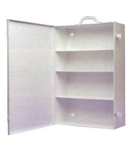 Wall-mounted, portable, metal first aid cabinet, with solid door panel and handle.