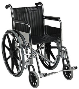 Folding wheelchair with steel frame and leatherette upholstery.