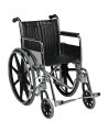 Folding wheelchair with steel frame and leatherette upholstery.