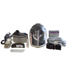 3M complete Versaflo powered air purifying respirator kit for industrial work. Hard hat facepiece and protective factor of 25.