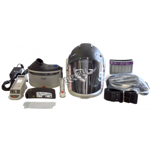 3M complete Versaflo powered air purifying respirator kit for industrial work. Hard hat facepiece and protective factor of 25.