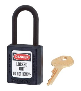 MasterLock 406 dielectric lock made of black Zenex thermoplastic, with one key.