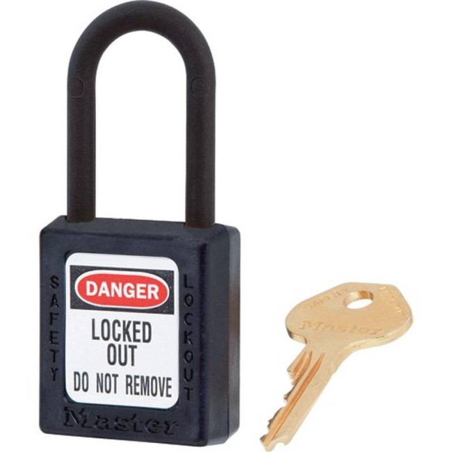 MasterLock 406 dielectric lock made of black Zenex thermoplastic, with one key.