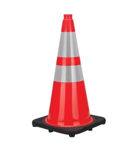 Orange traffic cone whit 2 collar, 28 in. long, weight: 7.5 lbs. Made from 100% PVC.