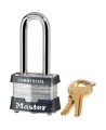 Regular padlock 1 ½ in (38 mm) wide laminated steel body with case hardened steel shackle. Size: 1 9/16 in wide.