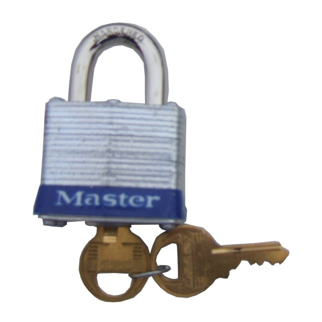 Regular padlock 1 ½ in (38 mm) wide laminated steel body with case hardened steel shackle. Size: 1 9/16 in wide.