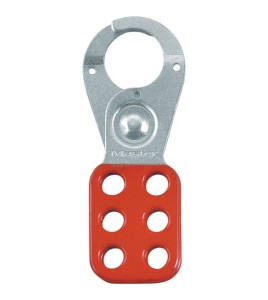 Metal lockout hasp with 1 in diameter jaw opening.