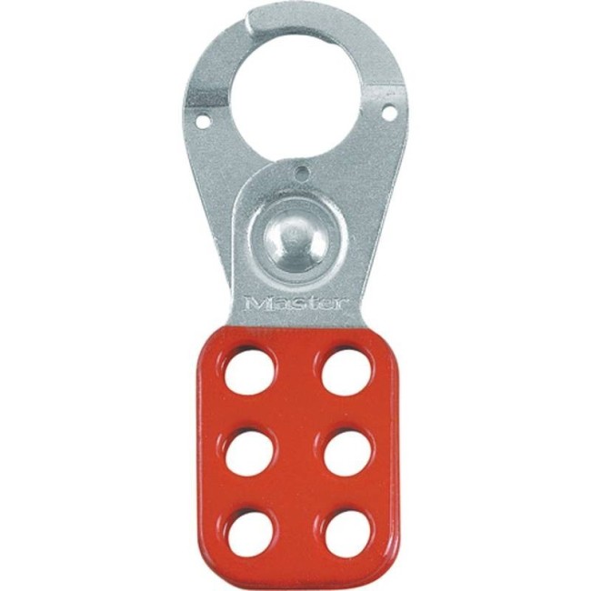 Metal lockout hasp with 1 in diameter jaw opening.