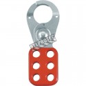 Metal lockout hasp with 1 in diameter jaw opening.