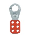 Metal lockout hasp with 1 in diameter jaw opening.