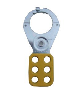 Metal lockout hasp yellow with 1 in diameter jaw opening, 4 3/8 in. length. Single scissor type