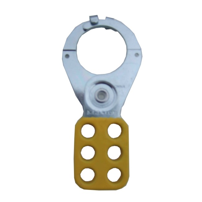 Metal lockout hasp yellow with 1 in diameter jaw opening, 4 3/8 in. length. Single scissor type