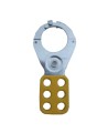 Metal lockout hasp yellow with 1 in diameter jaw opening, 4 3/8 in. length. Single scissor type