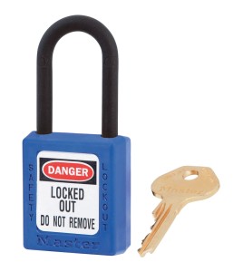 MasterLock 406 dielectric lock made of black Zenex thermoplastic, with one key.