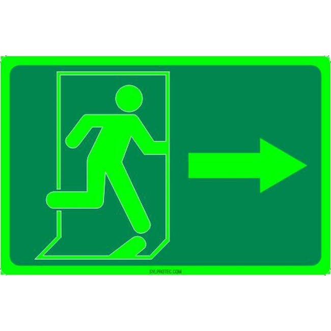 Photo luminescent pictogram sign running man with right arrow in various sizes shapes materials 