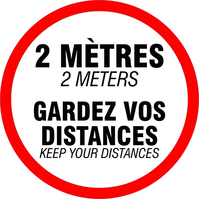 Affiche de sol ronde gardez vos distances en autocollant laminé antidérapant.  diamètre 18" disponible pour achat en ligne sur s