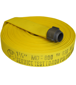 Permatek yellow fire hose with double jacket, 2.5 in x 50 ft, with aluminium coupling.