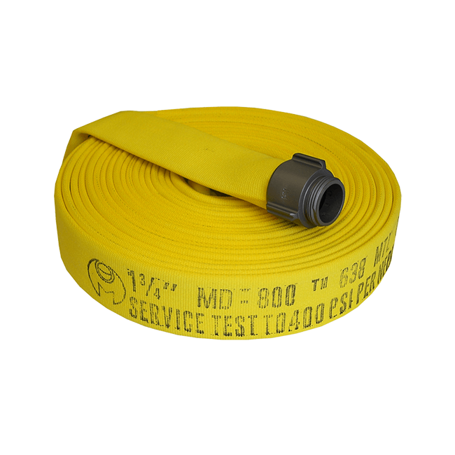 Permatek yellow fire hose with double jacket, 2.5 in x 50 ft, with aluminium coupling.