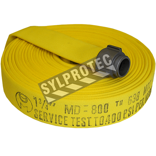 Permatek yellow fire hose with double jacket, 1.5 in x 50 ft, with aluminium coupling.