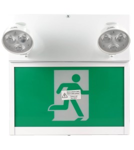 Combo LED emergency exit sign with green Running Man and 2 spotlights, steel casing, with back-up battery