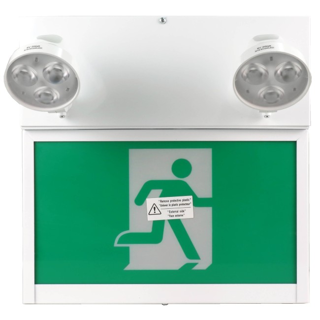 Combo LED emergency exit sign with green Running Man and 2 spotlights, steel casing, with back-up battery