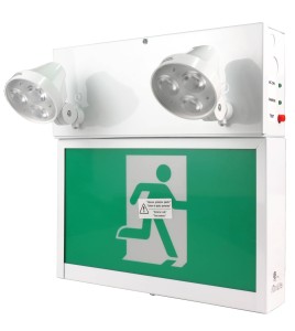 Combo LED emergency exit sign with green Running Man and 2 spotlights, steel casing, with back-up battery