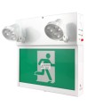 Combo LED emergency exit sign with green Running Man and 2 spotlights, steel casing, with back-up battery