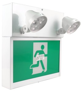 Combo LED emergency exit sign with green Running Man and 2 spotlights, steel casing, with back-up battery