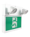 Combo LED emergency exit sign with green Running Man and 2 spotlights, steel casing, with back-up battery