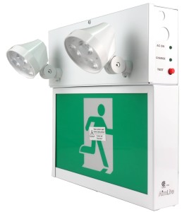 Combo LED emergency exit sign with green Running Man and 2 spotlights, steel casing, with back-up battery