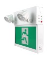 Combo LED emergency exit sign with green Running Man and 2 spotlights, steel casing, with back-up battery