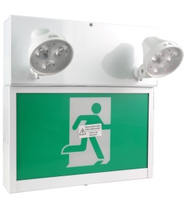 Combo LED emergency exit sign with green Running Man and 2 spotlights, steel casing, with back-up battery