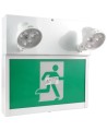 Combo LED emergency exit sign with green Running Man and 2 spotlights, steel casing, with back-up battery