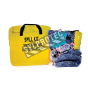 Universal vehicle spill kit for non-corrosive fluids, overpacked in a resealable carry bag.