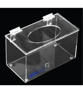 Clear acrylic hairnet dispenser with flat hinged lid and top opening, for wall mounting or table mounting.