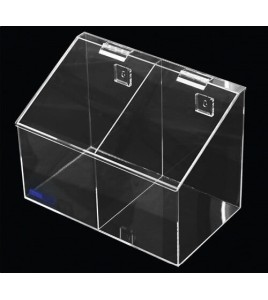 Clear acrylic hairnet dispenser with 2 bins and slanted hinged lid, for wall mounting or table mounting.