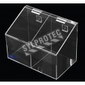 Clear acrylic hairnet dispenser with 2 bins and slanted hinged lid, for wall mounting or table mounting.