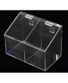 Clear acrylic hairnet dispenser with 2 bins and slanted hinged lid, for wall mounting or table mounting.