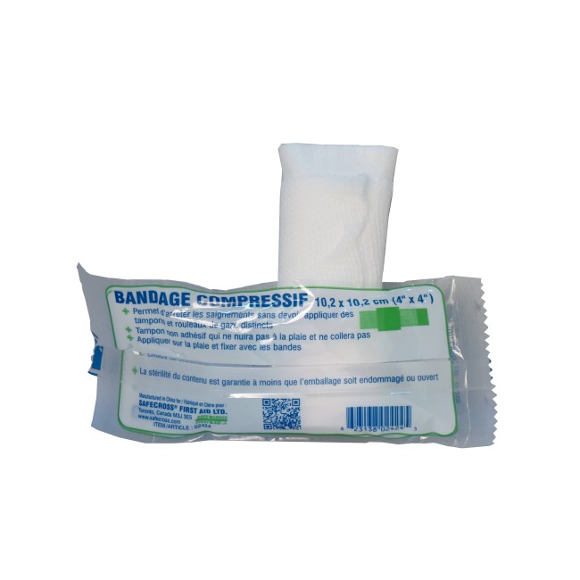 Sterile compress bandage, 4 x 4 in, sold individually.