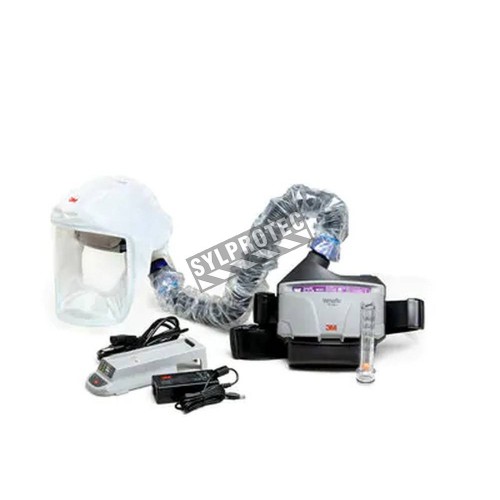 3M complete Versaflo powered air purifying respirator (PAPR) kit for pharmaceutical and health facilities. Head cover facepiece.