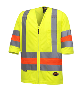 High-visibility shirt for roadwork flaggers, compliant with new Transports Québec regulation. 