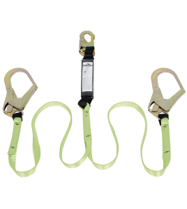 Peakworks Y-lanyard with 2 energy absorbing inner cores, a strong polyester webbing and two scaffold hooks, 110-220 lb.