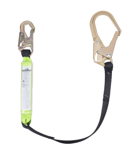 Peakworks polyester web lanyard with a Shock Pack energy absorber and a rebar hook, 200-350 lb