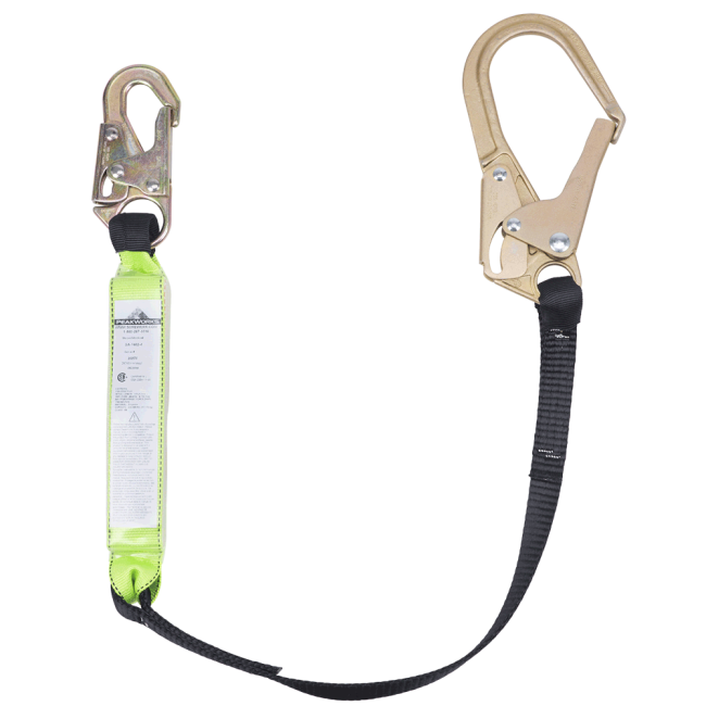 Peakworks polyester web lanyard with a Shock Pack energy absorber and a rebar hook, 200-350 lb