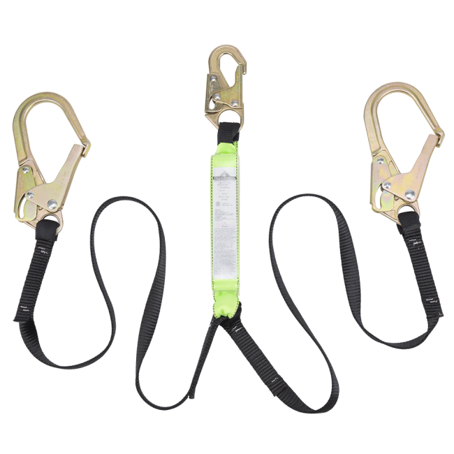 Peakworks Y-lanyard with an energy absorbing inner core and a strong polyester webbing, 200-350 lb.