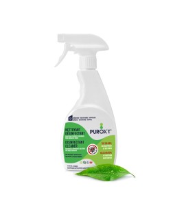 Puroxy, désinfectant pour les surfaces à base de peroxyde d’hydrogène. Disponible en format de 1 litre muni d’un vaporisateur