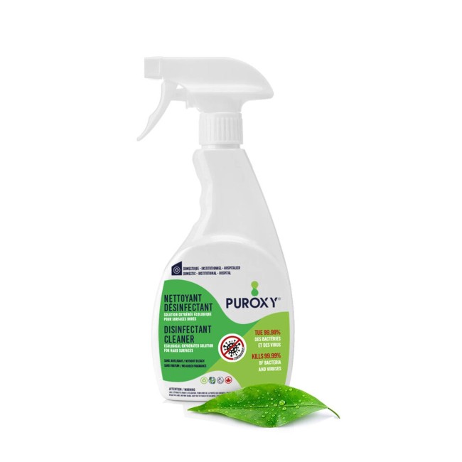 Puroxy, désinfectant pour les surfaces à base de peroxyde d’hydrogène. Disponible en format de 1 litre muni d’un vaporisateur