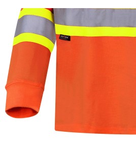 High visibility long-sleeved shirt, neon orange with reflective stripes.