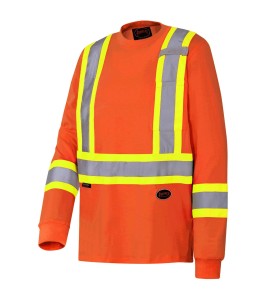 High visibility long-sleeved shirt, neon orange with reflective stripes.